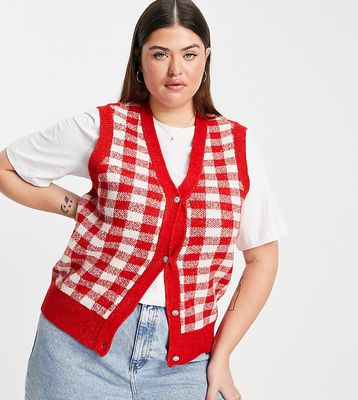 Pieces Curve exclusive knitted vest in red gingham-Multi