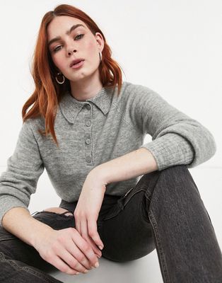Only knitted polo sweater in light gray-Grey