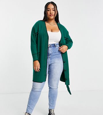 River Island Plus black tipped longline belted cardigan in green