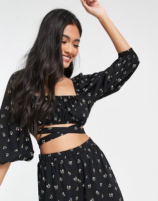 Fashion Union Exclusive balloon sleeve crop top with wrap detail in black base floral - part of a set-Multi