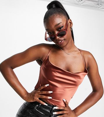 Missguided cami cowl neck crop top in chocolate satin - part of a set-Brown