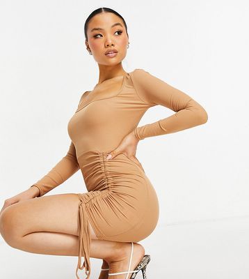 Missguided Petite mini dress with ruched front in camel-Brown