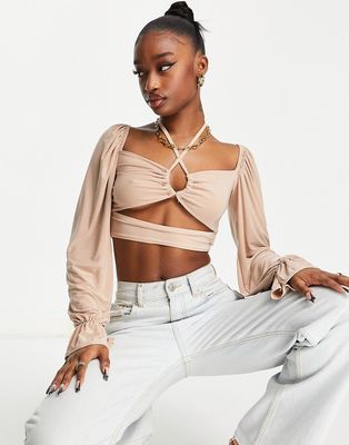 Missguided ruched cross over halter top with balloon sleeves in stone-White