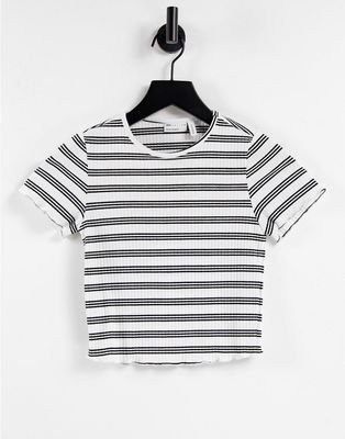 ASOS DESIGN crop t-shirt with lettuce edge in white and black stripe-Multi