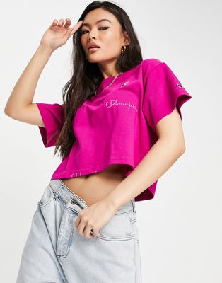 Champion cropped t-shirt with repeat logo in purple