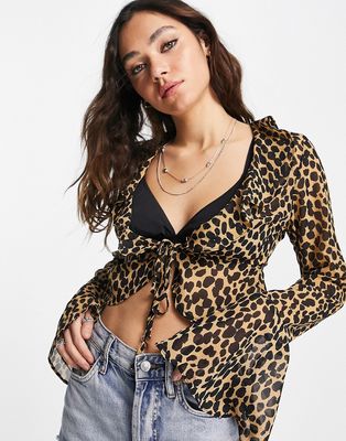 Emory Park long sleeve top with tie waist in leopard-Brown