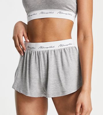 Missguided Petite floaty pajama shorts with logo tape in gray