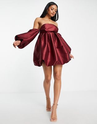 ASOS LUXE bubble babydoll satin mini dress in deep red-Purple
