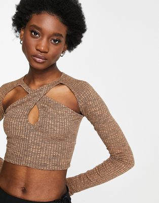 Pull & Bear cut out long sleeved ribbed halterneck top in sand-Neutral