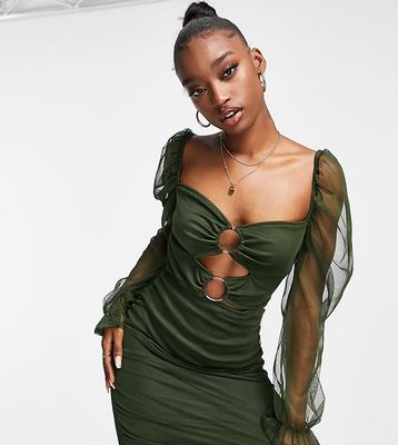 Rebellious Fashion Exclusive mesh sleeve cut-out detail mini dress in khaki-Green