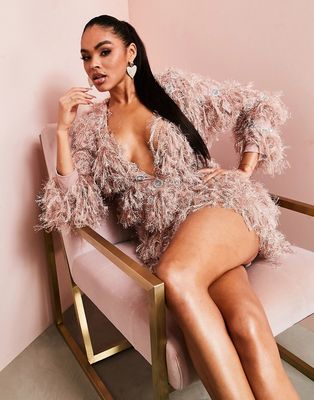 ASOS LUXE feather look embellished detail dress in pink