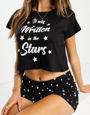 Brave Soul written in the stars short pajama set with glitter print in black