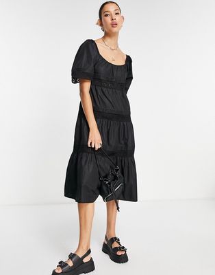 Emory Park midi smock dress with tiered broderie trim skirt-Black