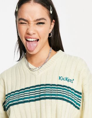 Kickers relaxed v neck sweater with contrast stripe and embroidered logo in wide rib knit-Neutral