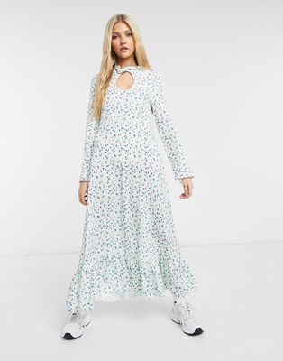 Vintage Supply high neck long sleeve maxi smock dress in floral-White