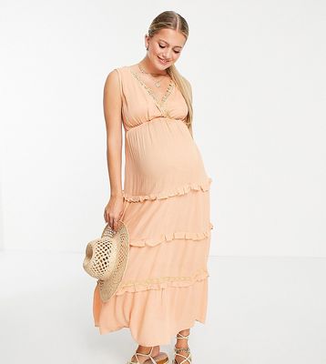 ASOS DESIGN Maternity sleeveless tiered crinkle maxi dress with lace inserts in peach-Pink
