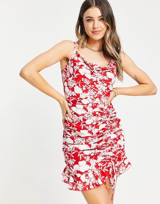In The Style x Jac Jossa cowl front ruched mini dress with ruffle hem in red floral print-Multi
