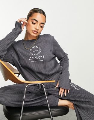 ASOS Weekend Collective lounge waffle long sleeve top & pant set in charcoal-Grey