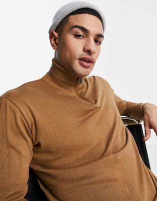 Pull & Bear knit with half zip sweater in camel-Neutral