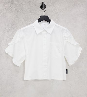 COLLUSION cotton cropped shirt with frill sleeves in white
