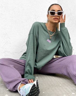 ASOS Weekend Collective long sleeve t-shirt with wavy logo in khaki-Green