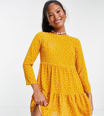 ASOS DESIGN Petite long sleeve tiered smock mini dress in mustard spot-Multi