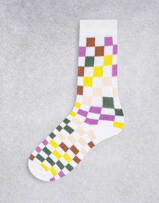 ASOS DESIGN multicolored checkerboard sports sock in white