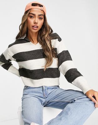 Pull & Bear v neck polo detail sweater in black stripe-Multi