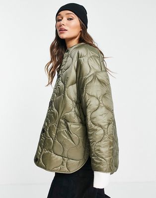 Mango diamond quilted button front coat in khaki-Green
