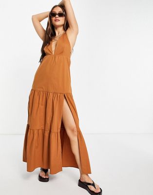 Fashion Union extreme halter maxi dress with thigh split-Brown