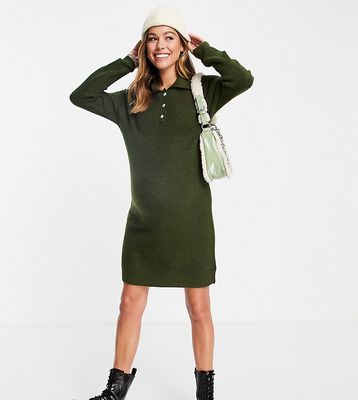 Pieces Maternity knitted polo sweater dress in khaki-Green