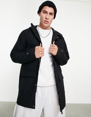 Jack & Jones Originals hooded wool coat with two pockets in black