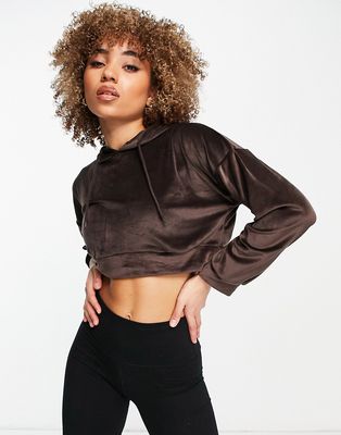 Hoxton Haus velour cropped hoodie in chocolate brown - part of a set