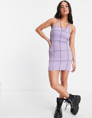 The Ragged Priest mini dress with chain halterneck and exposed seams in rib-Purple