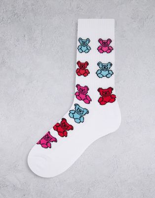 ASOS DESIGN rainbow teddy bear sports socks in white