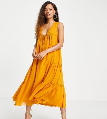ASOS DESIGN Petite sleeveless trapeze maxi dress with tie detail and side tiers-Yellow