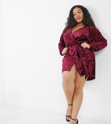 In The Style Plus exclusive velvet blazer dress in berry-Red