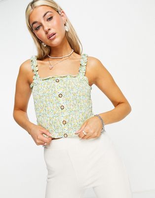 Only top with shirring and button detail in green floral print-Blues