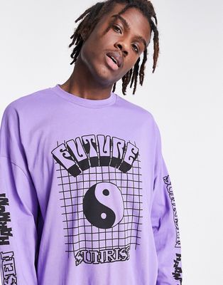ASOS DESIGN oversized long sleeve T-shirt in purple with multi placement cartoon print