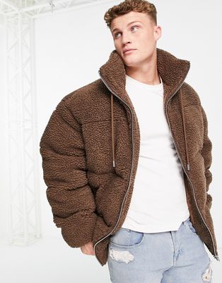 Barneys Originals oversized full zip teddy puffer jacket in brown