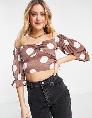 Outrageous Fortune off shoulder top with puff sleeves in brown dot