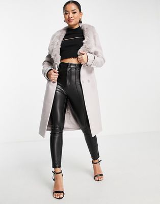 Ever New Petite wrap tie coat with faux fur collar in mink-Pink