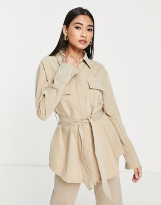 Pretty Lavish belted shacket in beige - part of a set-Neutral