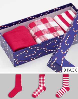 Loungeable christmas 3 pack socks in candy cane gift box-Multi