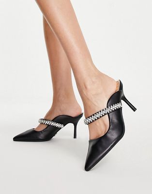 Lipsy black gem strap mule heeled sandals in black
