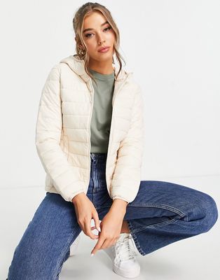 Pull & Bear padded zip front hooded jacket in ecru-Neutral