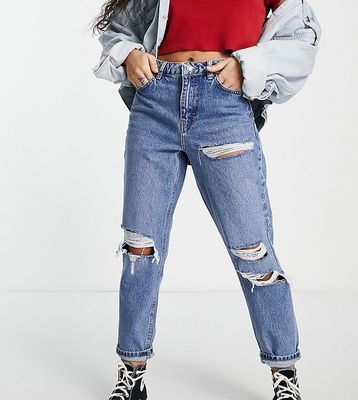 Topshop Petite mid blue ripped mom jeans-Blues