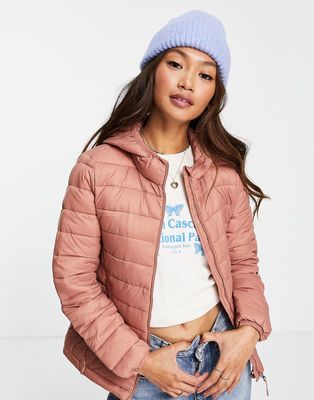 Pull & Bear padded zip front hooded jacket in pink