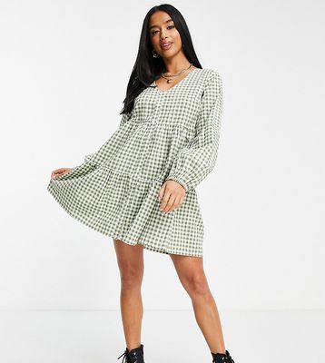 Influence Petite long sleeve mini gingham button dress in green