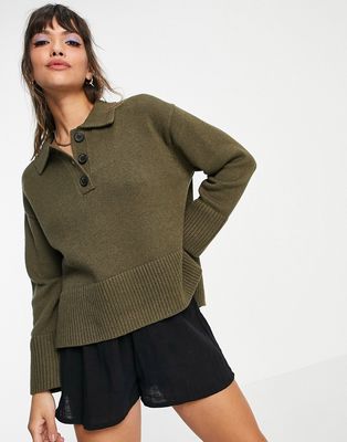 Whistles button front polo knit coordinating sweater in khaki-White